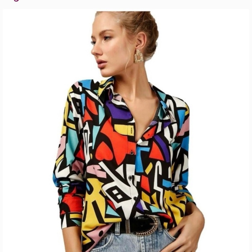 Women’s Large Art to Wear Artsy Morden Blouse Top Long Sleeve Button Down